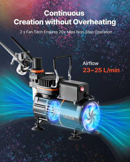 Airbrush-kit, 1/6 hk, Airbrush-kit med luftkompressor, 3 professionella airbrushar med dubbelverkande effekt och 3 munstycken, slang, akrylfärg, 2 fläktar, lågt ljud, för tårtdekorering, modellmålning, nagelkonst