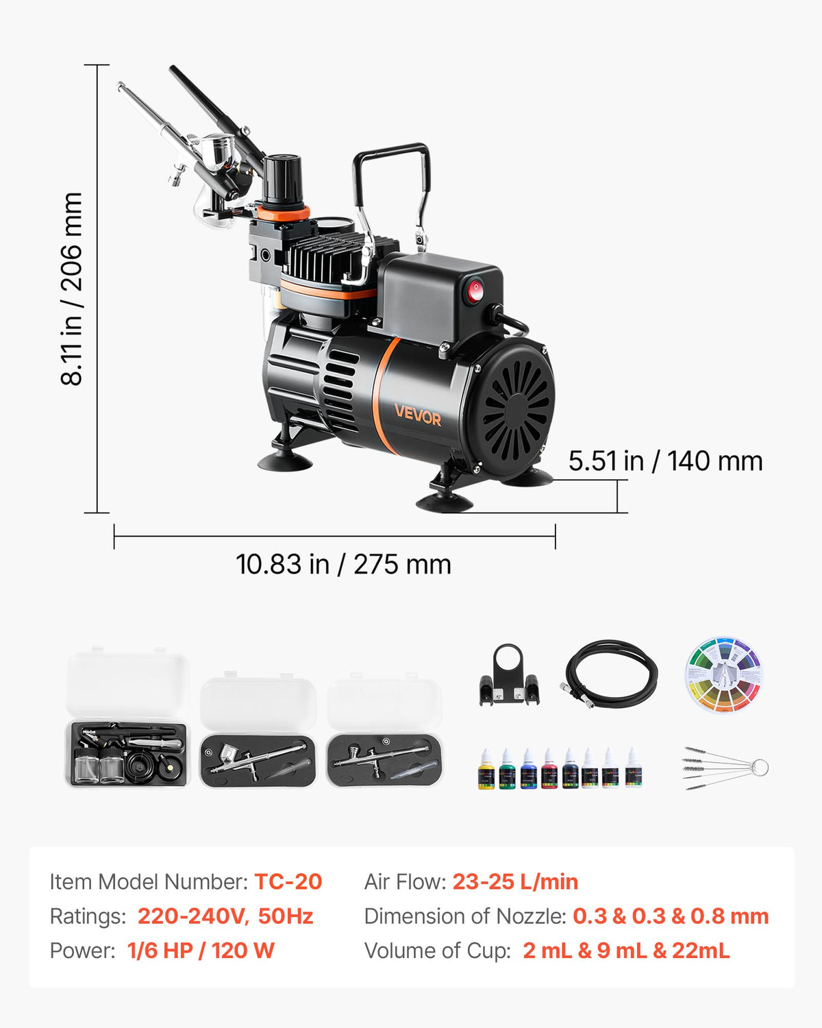 Airbrush-kit, 1/6 hk, Airbrush-kit med luftkompressor, 3 professionella airbrushar med dubbelverkande effekt och 3 munstycken, slang, akrylfärg, 2 fläktar, lågt ljud, för tårtdekorering, modellmålning, nagelkonst