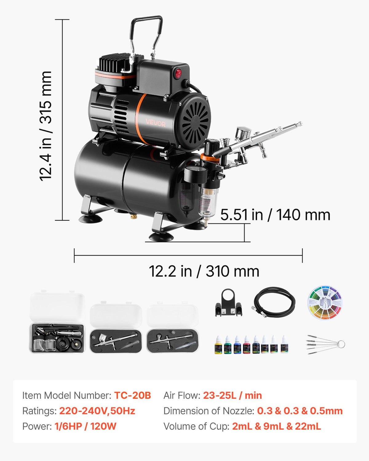 Airbrush Kit, 1/6 HP, Air Brush Kit with Air Compressor and Tank, 3 Dual-Action Professional Airbrushes with 3 Tips, Hose, Acrylic Paint, 2 Fans, for Cake Decorating, Model Painting, Nail Art