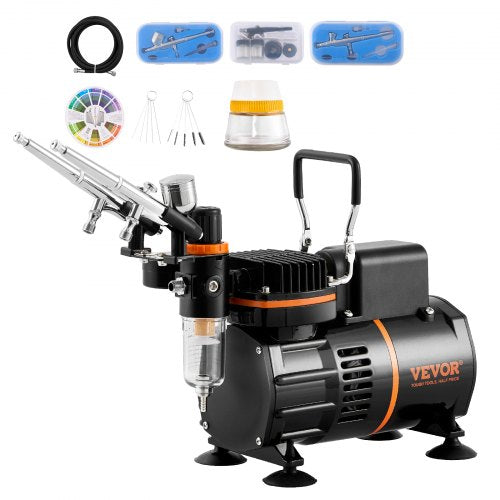 Airbrush-kit, dubbelfläktluftkompressor professionellt airbrushing-systemkit med 3 airbrushar, hållare, färgblandningshjul, rengöringsborsteset, airbrushesset för konst, nagel, kaka, tatuering, smink, tårta