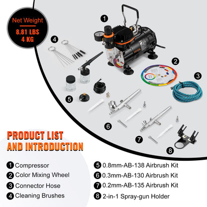 Airbrush Kit, Professional Airbrush Set with Compressor, Airbrushing System Kit with Multi-purpose Dual-action Gravity Feed Airbrushes, Art Nail Cookie Tattoo Makeup Cake Decorating Spray Model