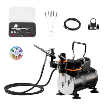 Airbrush Kit, 1/6 HP, Air Brush Kit with Air Compressor, 1 Dual-Action Professional Airbrush with 3 Tips, Hose, Holder, Cleaning Set, Low Noise, for Cake Decorating, Model Painting, Nail Art