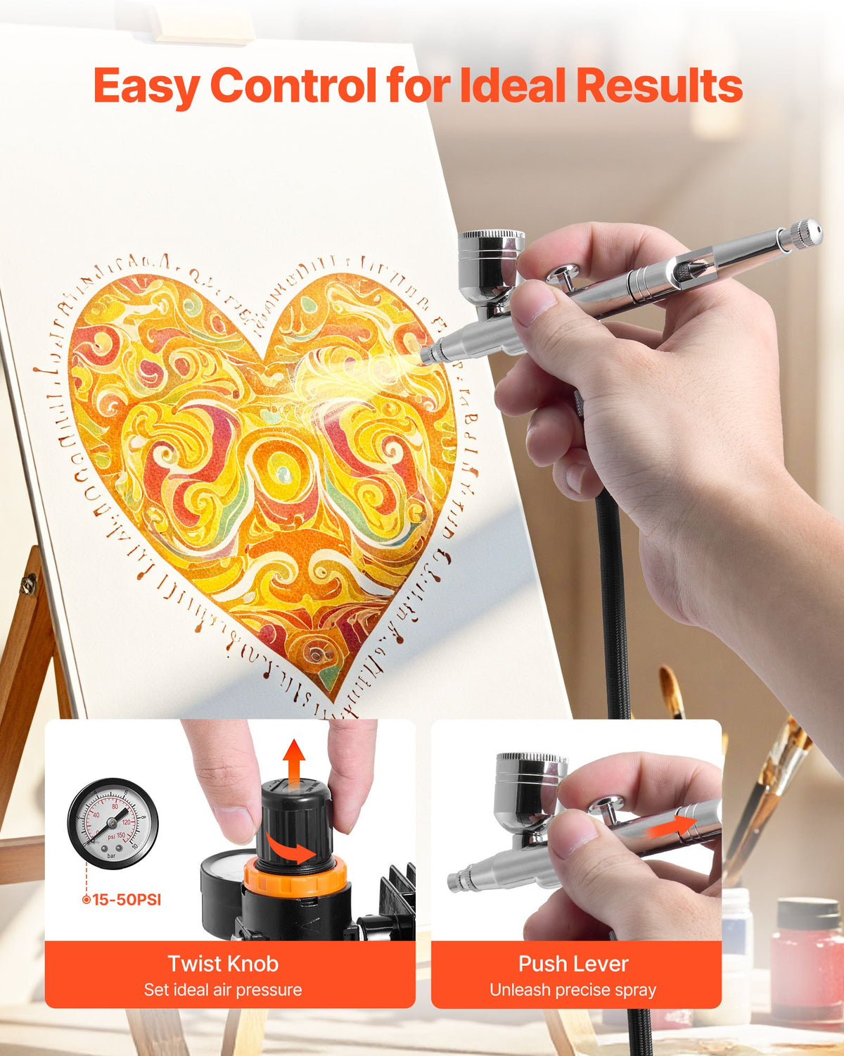 Airbrush Kit, 1/6 HP, Air Brush Kit with Air Compressor, 1 Dual-Action Professional Airbrush with 3 Tips, Hose, Holder, Cleaning Set, Low Noise, for Cake Decorating, Model Painting, Nail Art