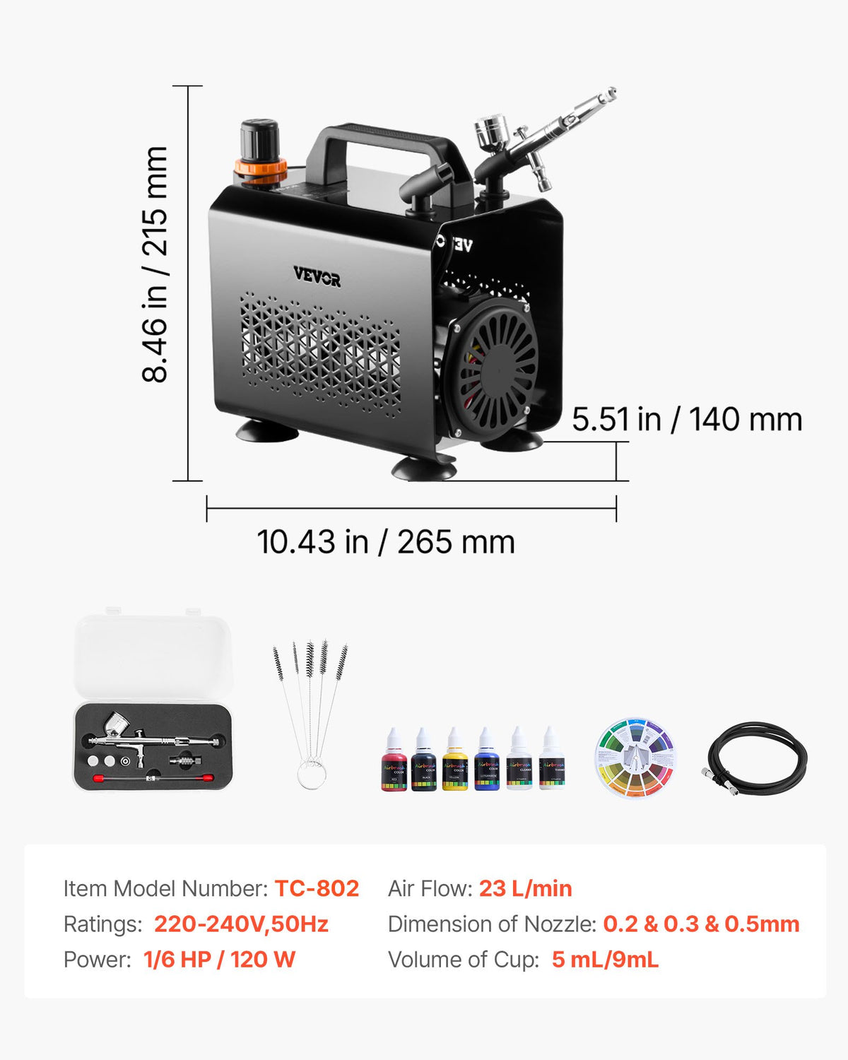 Airbrush Kit, 1/6 HP, Air Brush Kit with Air Compressor, 1 Dual-Action Professional Airbrush with 3 Tips, Hose, Acrylic Paint, Brush, Low Noise, for Cake Decorating, Model Painting, Nail Art