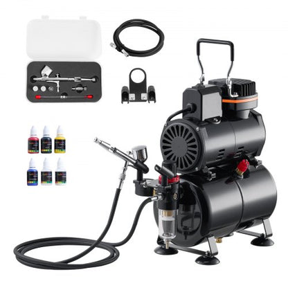 Airbrush-kit, 1/6 hk, Airbrush-kit med luftkompressor och tank, 1 dubbelverkande professionell airbrush med 3 munstycken, akrylfärg, låg ljudnivå, för tårtdekorering, modellmålning, nagelkonst
