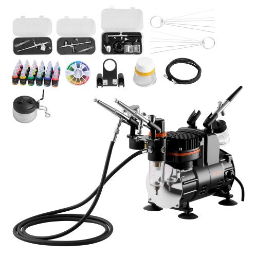 Airbrush-kit, 1/6 hk, Airbrush-kit med luftkompressor, 3 professionella airbrushar med dubbelverkande effekt och 3 munstycken, slang, akrylfärg, pensel, låg ljudnivå, för tårtdekorering, modellmålning, nagelkonst