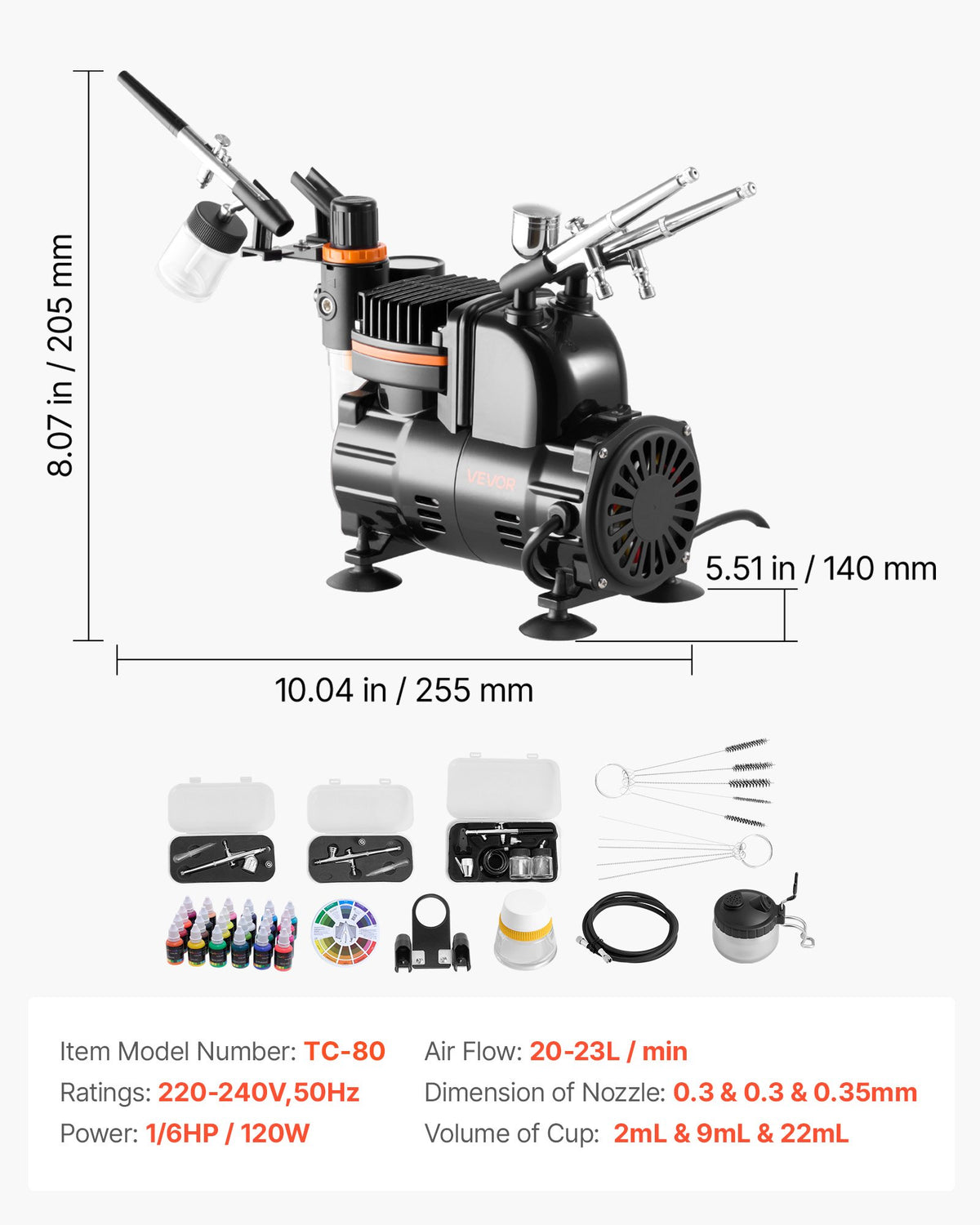 Airbrush Kit, 1/6 HP, Air Brush Kit with Air Compressor, 3 Dual-Action Professional Airbrushes with 3 Tips, Hose, Acrylic Paint, Brush, Low Noise, for Cake Decorating, Model Painting, Nail Art