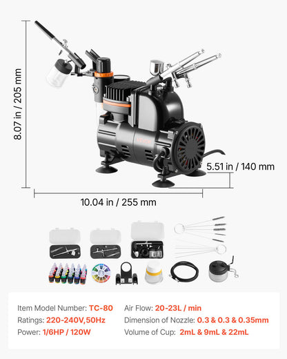 Airbrush Kit, 1/6 HP, Air Brush Kit with Air Compressor, 3 Dual-Action Professional Airbrushes with 3 Tips, Hose, Acrylic Paint, Brush, Low Noise, for Cake Decorating, Model Painting, Nail Art