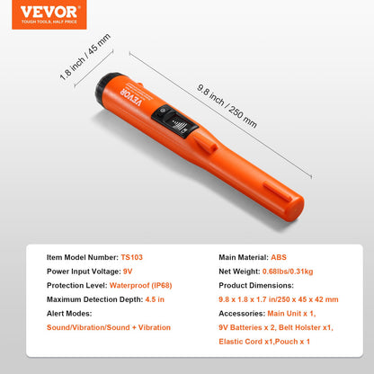 Metal Detector Pinpointer, IP68 Fully Waterproof Handheld Pin Pointer Wand, 114mm/4.5" Detection Depth, 3 Modes, LCD Screen, Treasure Hunting Probe with Holster and 9V Battery, for Adults and Kids