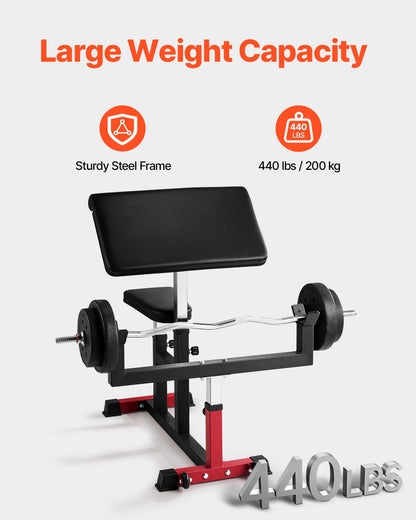 Preacher Curl Bench, styrketräningsmaskin för biceps, maxbelastning 440 pund hemmagymutrustning, sittande arm isolerad skivstång hantel bicepsstation, justerbara viktbänkar för hemmagym