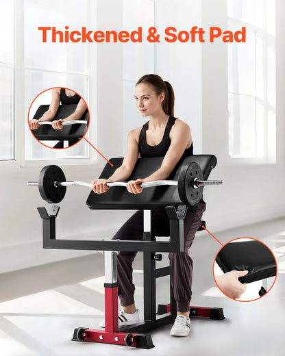 Preacher Curl Bench, styrketräningsmaskin för biceps, maxbelastning 440 pund hemmagymutrustning, sittande arm isolerad skivstång hantel bicepsstation, justerbara viktbänkar för hemmagym