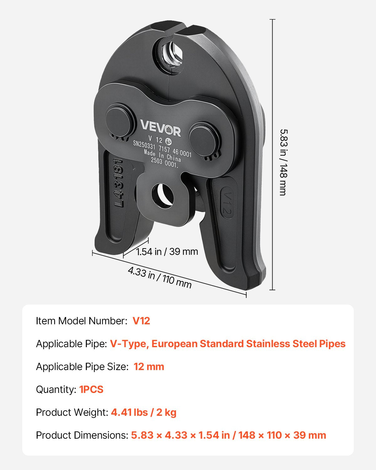 V12 pressback, 12 mm pressback för V-formade rostfria stålrör, höghållfasta pressbackar i karburerat stål, kompatibel med standardpressverktyg