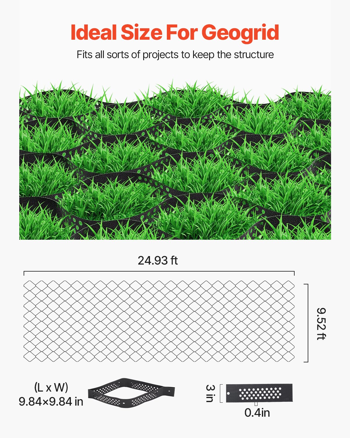 Gravel Grid, 3 Inch Depth, 24.93 x 9.52 FT / 7600 x 2900 mm, 1880 LBS Per Sq ft Grass Ground Retainer, Permeable Geo Grids Driveway Stabilization, for Garden, Patio, Walkway, RV Parking Slopes