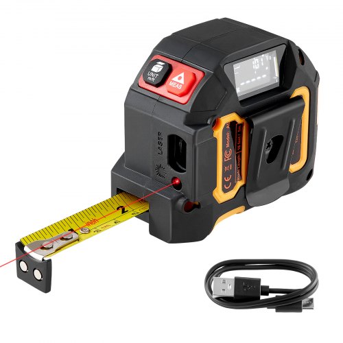 2-i-1 lasermåttband, 41 m uppladdningsbart lasermätverktyg och 4,8 m måttband med magnet, 4 lägen - längd, area, volym, kontinuerlig, ft/in/m/ft+in-enhet, för utomhusbruk, dekoration