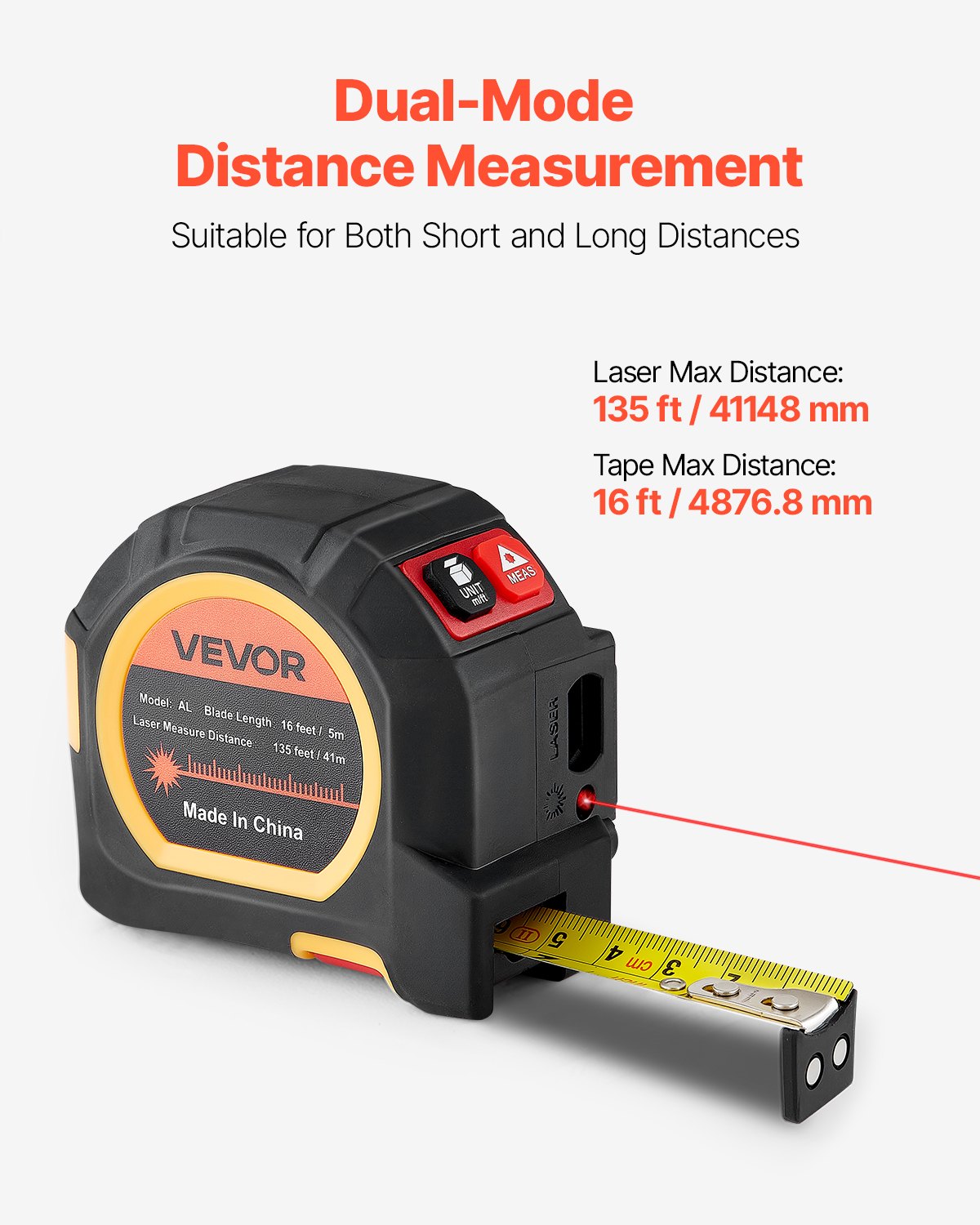 2-i-1 lasermåttband, 41 m uppladdningsbart lasermätverktyg och 4,8 m måttband med magnet, 4 lägen - längd, area, volym, kontinuerlig, ft/in/m/ft+in-enhet, för utomhusbruk, dekoration