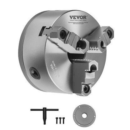 3-backs svarvchuck, 6 tum (160 mm), självcentrerande chuck med 1 1/2 tum-8 gängad stödplatta, 0,12-5,71 tum (3-145 mm) spännområde med T-nyckelskruvar, HT300-material, för trä- och metallsvarv