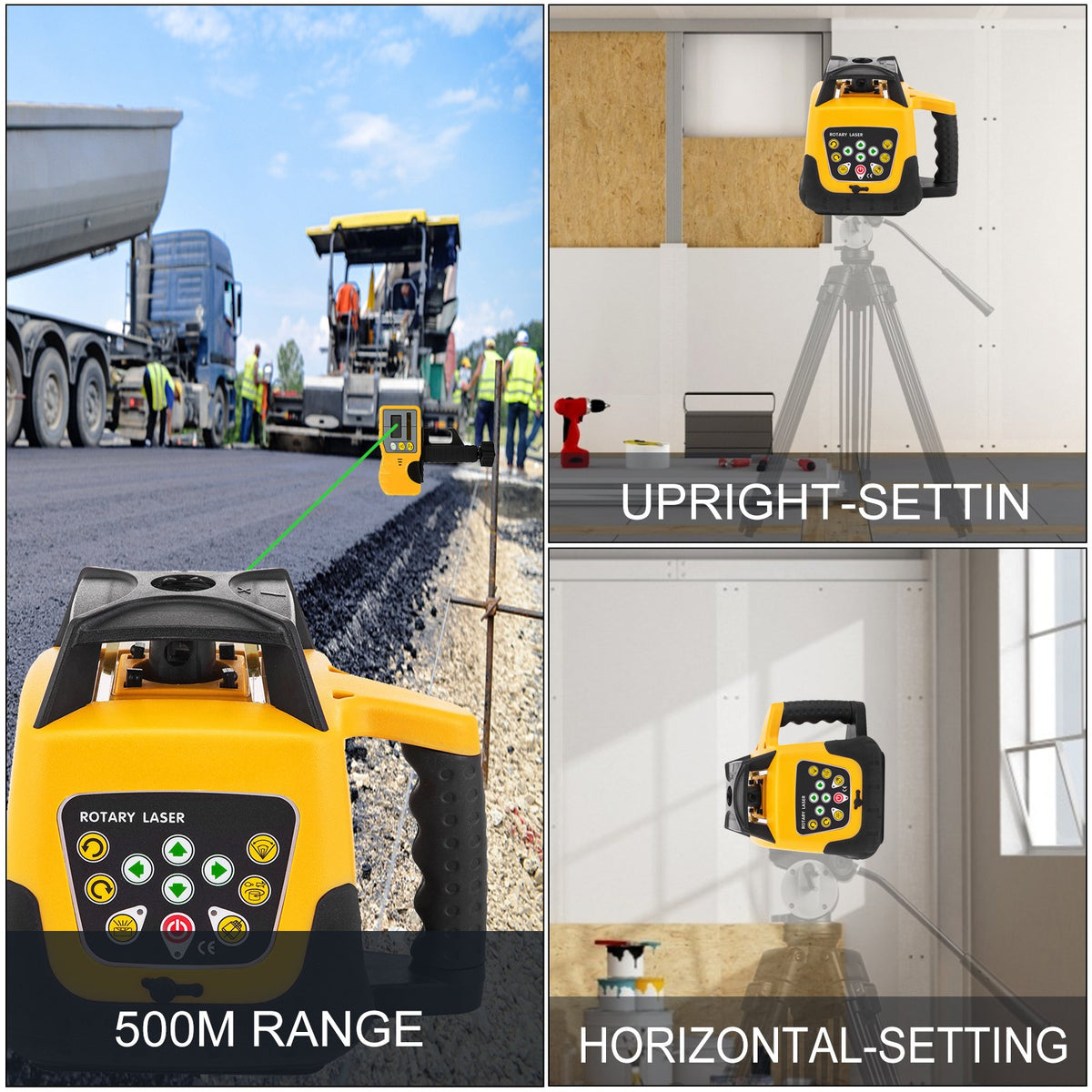 Rotary Laser Level Green Beam 500m Range Slope Adjustable 360° Spinning Accurate with Remote Control Receiver Carrying Case