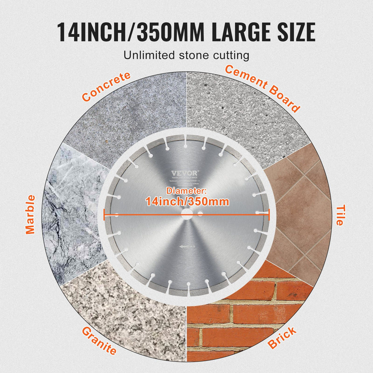 Diamantklinga, 14 tum/350 mm betongsågklinga för vått eller torrt bruk, 0,47 tum/12 mm diamantsegmentklinga med platt tänder, universal 1 tum/25,4 mm centrumhålsdiameter, för betong, cementskiva, kakel, tegel
