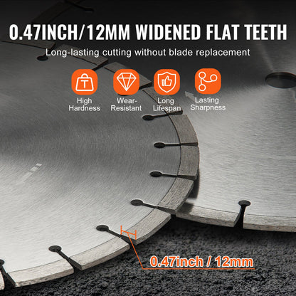 Diamantklinga, 20 tum/500 mm betongsågklinga för vått eller torrt bruk, 0,47 tum/12 mm diamantsegmentklinga med platt tänder, universal 1 tum/25,4 mm centrumhålsdiameter, för betong, cementskiva, kakel, tegel