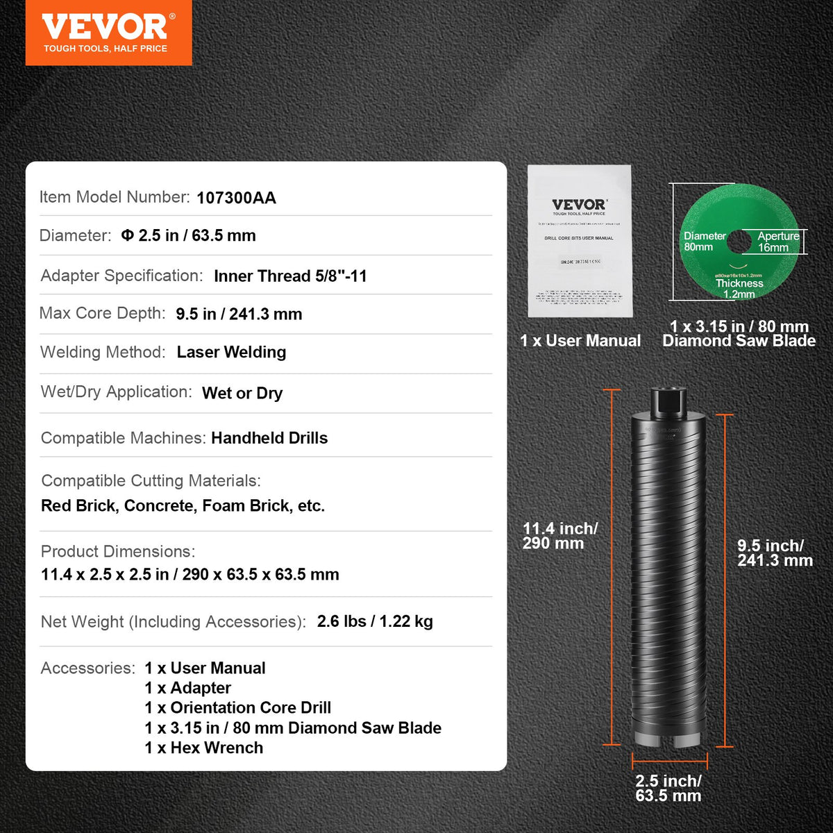 Core Drill Bit, 6.3 cm Wet/Dry Diamond Core Drill Bits for Brick and Block, Concrete Core Drill Bit with Pilot Bit Adapter and Saw Blade, 24.1 cm Drilling Depth, 1.6 cm-11 Inner Thread, Laser Welding