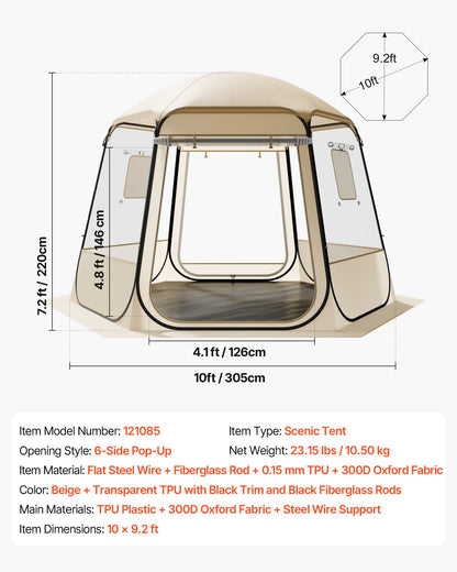 Pop up Bubble Tent, 3.05 x 2.75 m Waterproof & UV-Resistant, Clear Camping Tent Shelter, Outdoor Garden Dome Igloo Tents with Windows, 540° Panoramic View, for 4-8 Persons Patio Backyard