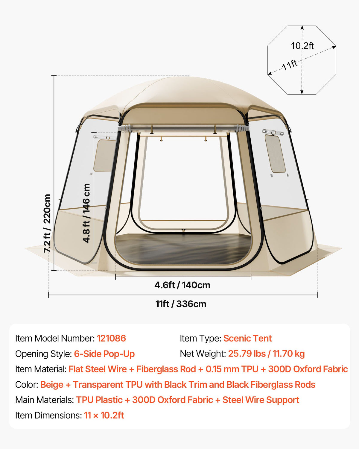 Pop up Bubble Tent, 3.36 x 3.05 m Waterproof & UV-Resistant, Clear Camping Tent Shelter, Outdoor Garden Dome Igloo Tents with Windows, 540° Panoramic View, for 8-10 Persons Patio Backyard
