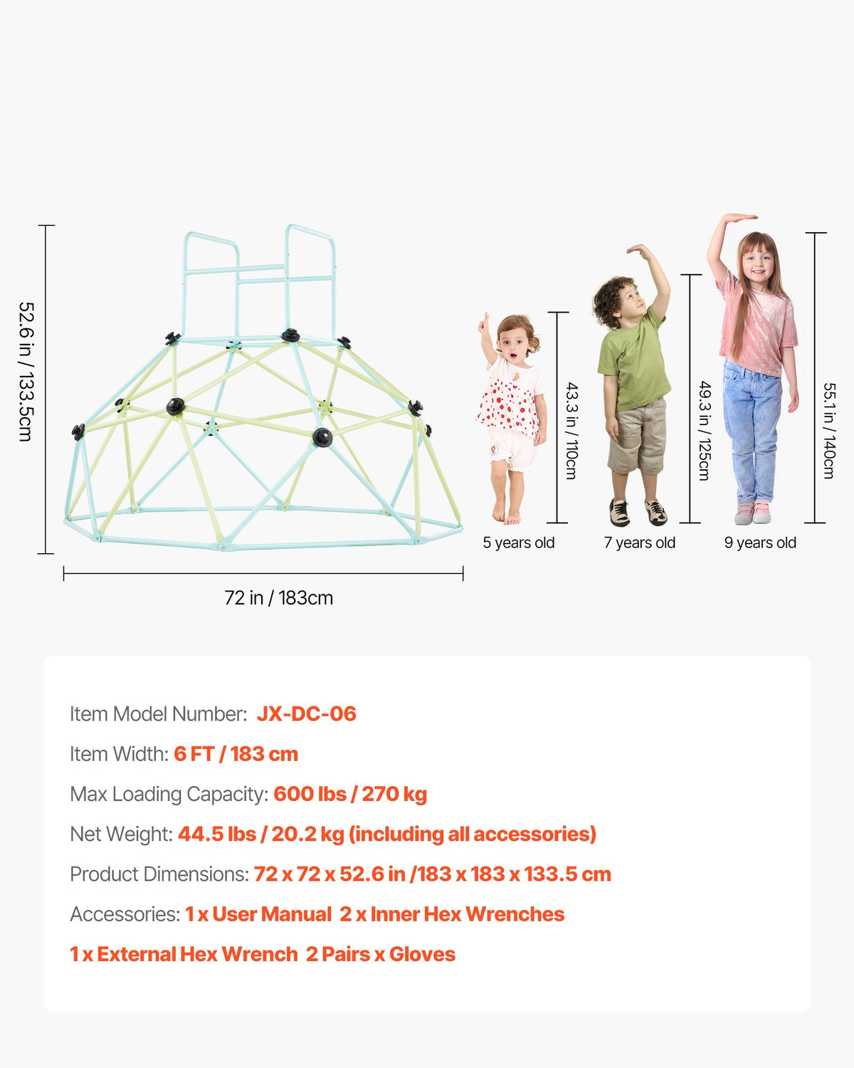 Klätterkupol, 183 cm geometrisk kupolklättrare för barn, 270 kg belastning inomhus/utomhus klättergym, lättmonterad klätterlekutrustning för bakgården för pojkar och flickor 3 till 10 år