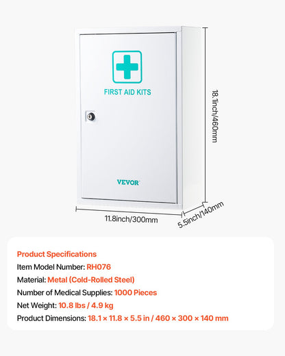Första hjälpen-skåp med 3 hyllor, 1000 delar, stor första hjälpen-kit, väggmonterat medicinskåp, OSHA och ANSI 2015 (klass A), industriell metalllåda för akutmedicin, för företag och arbetsplatser