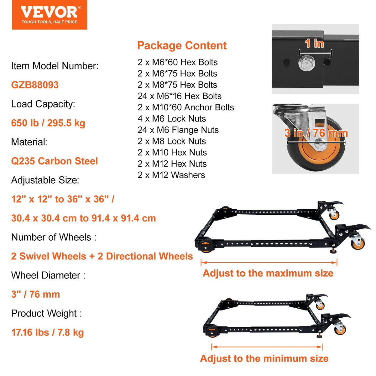 Mobil bas, 280 kg viktkapacitet, justerbar från 30 x 30 cm till 90 x 90 cm, kraftigt universellt mobilt basstativ med svängbara hjul, för träbearbetningsutrustning, bandsåg, elverktyg, maskiner