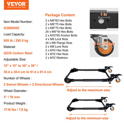 Mobil bas, 280 kg viktkapacitet, justerbar från 30 x 30 cm till 90 x 90 cm, kraftigt universellt mobilt basstativ med svängbara hjul, för träbearbetningsutrustning, bandsåg, elverktyg, maskiner