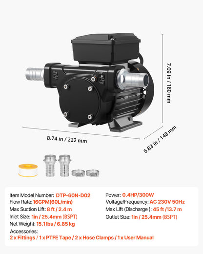 Oljeöverföringspump 230V, 16 GPM 60 L/min, AC elektrisk bränsleöverföringspump för diesel fotogen biodiesel, 8 ft/2,4 m max sughöjd, 45 ft/13,7 m max lyfthöjd, för fordon, byggarbetsplatser, gårdar