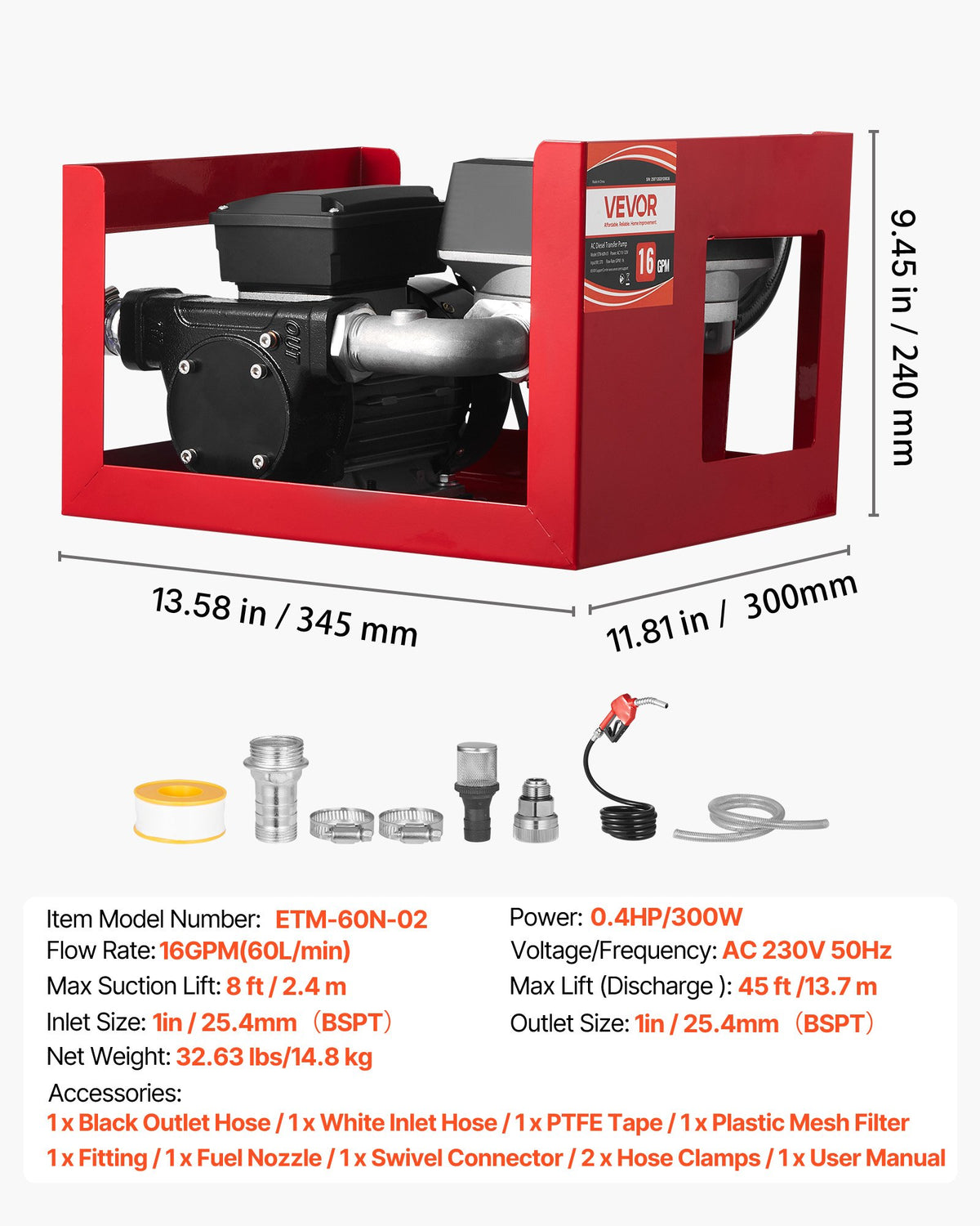 Bränsleöverföringspump 230V, 16 GPM 60 L/min, AC elektrisk oljeöverföringspump för diesel fotogen biodiesel, med mätare, automatiskt bränslemunstycke och 2 slangar, 45 ft/13,7 m lyft, för fordon, byggarbetsplatser
