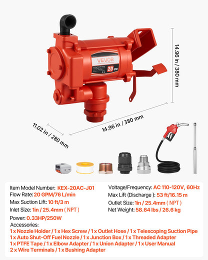 Bränsleöverföringspump 230V, 20 GPM 76 L/min, AC elektrisk oljeöverföringspump, med automatisk avstängning av bränslemunstycke och utloppsslang, högflödessats för bensin, diesel, fotogen, biodiesel, etanolblandningar