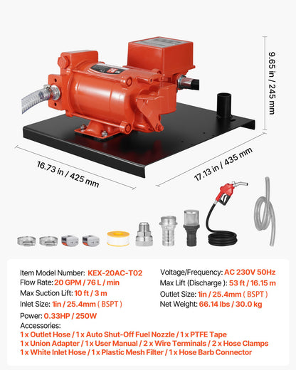 Bränsleöverföringspump 230V, 20 GPM 76 L/min, AC elektrisk oljeöverföringspump, med mätare, automatiskt avstängande bränslemunstycke och utloppsslang, högt flöde för bensin, diesel, fotogen, biodiesel, etanol