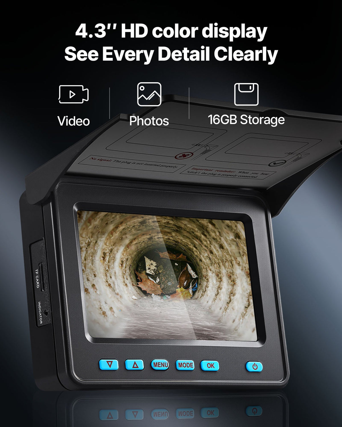 Sewer Camera, 30m, Self-Leveling Drain Inspection Camera with 1080P HD Screen, IP68 Waterproof Snake Plumbing Cameras with Lights - 12 LEDs & 16GB Card for Sewer Line Duct Pipe