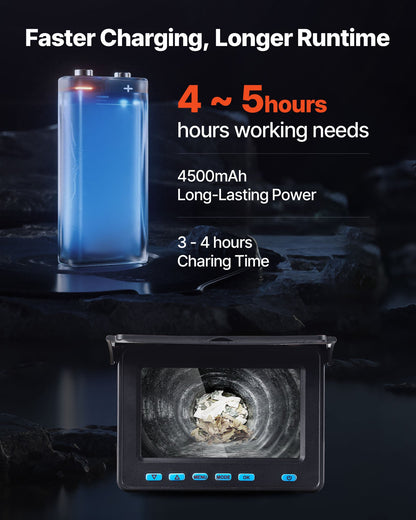 Sewer Camera, 30m Drain Inspection Camera, IP68 Waterproof Snake Plumbing Cameras with Lights - 6 Adjustable LEDs, 4500mAh Battery & 16GB Card for Sewer Line Duct Pipes