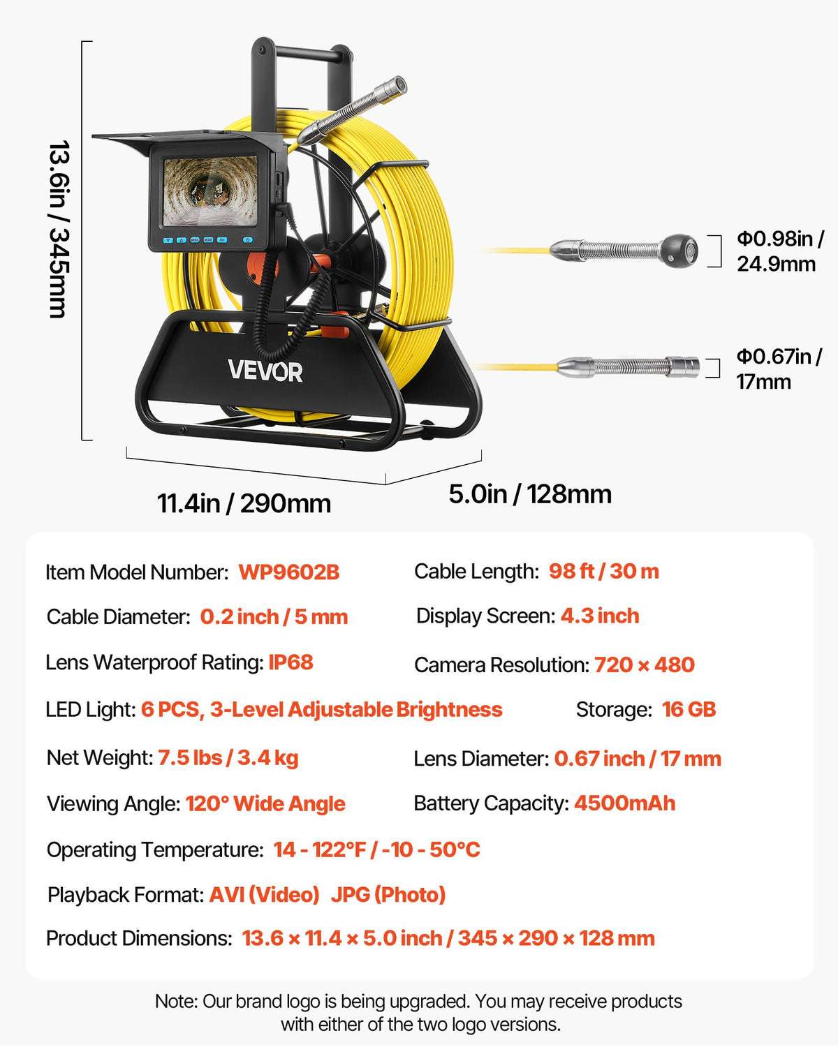 Sewer Camera, 30m Drain Inspection Camera, IP68 Waterproof Snake Plumbing Cameras with Lights - 6 Adjustable LEDs, 4500mAh Battery & 16GB Card for Sewer Line Duct Pipes