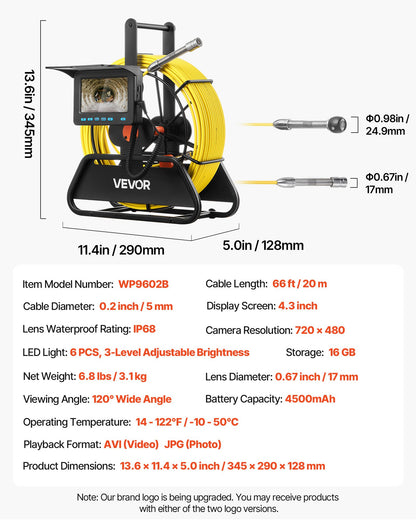 Sewer Camera, 20m Drain Inspection Camera, IP68 Waterproof Snake Plumbing Cameras with Lights - 6 Adjustable LEDs, 4500mAh Battery & 16GB Card for Sewer Line Duct Pipes