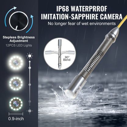 Avloppskamera, 98 fot/30 m, självnivellerande avloppsinspektionskamera med 9" 1080P HD-skärm, 36X zoom, IP68 vattentät VVS-kamera med lampor-12 LED-lampor, 32 GB-korts ormkamera för kanalrör