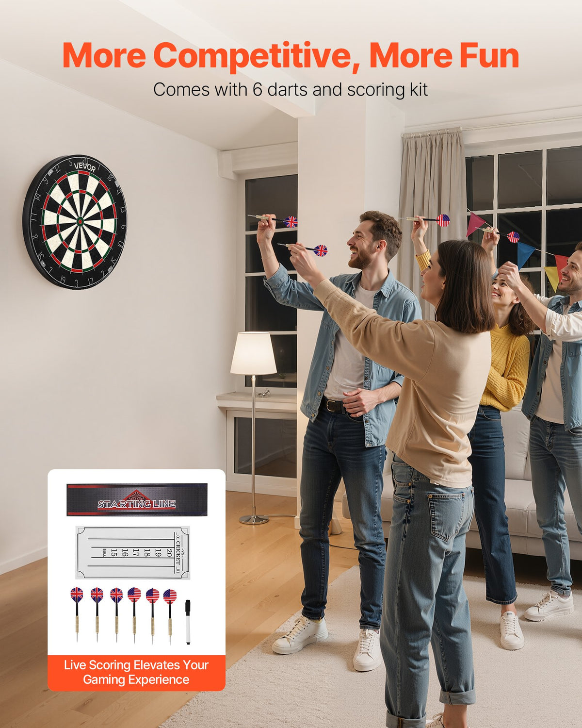 Darttavla med 6 pilar och poängsättningskit, självläkande sisalfiber-darttavla med klammerfri bullseye och roterande nummerring, 451 mm professionell stålspets-darttavla för hemmafest- och spelrum