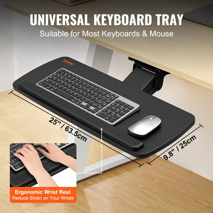 Keyboard Tray under Desk Adjustable Height, Height and Angle Adjustable under Desk Keyboard Tray Slide out, Large 25x9.8 inch Keyboard Holder under Desk for Typing in Home, Office Work