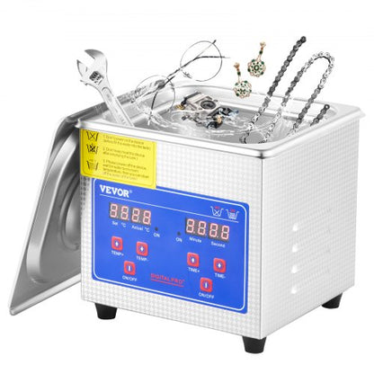 Professionell ultraljudsrengörare, 0,3 l ultraljudsrengörare för smycken med digital timer och värmare, industriell sonisk rengöring i rostfritt stål 40 kHz för glasögon, klockor, ringar, smådelar