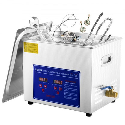 Professionell ultraljudsrengörare, 10 l ultraljudsrengörare för smycken med digital timer och värmare, industriell ultraljudsrengörare i rostfritt stål 40 kHz för glasögon, klockor, ringar, smådelar