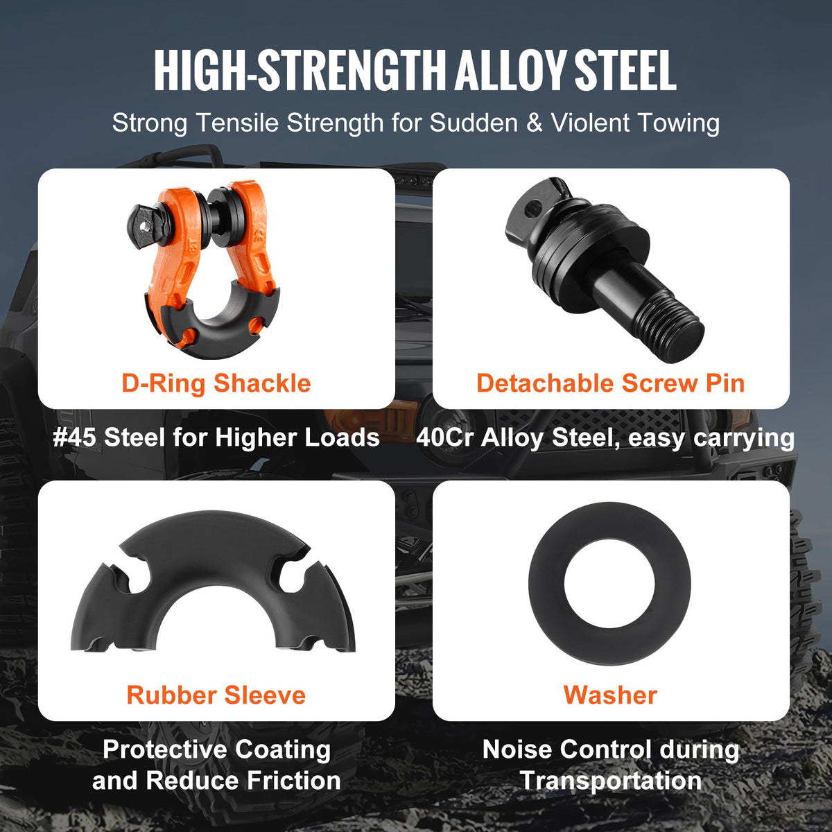 3/4" D-ringsschackel, 2-pack schacklar i legerat stål, 30 ton brottstyrka med 7/8" skruvstift, isolatorer och brickor, kraftig terrängbärgningsschackel för jeep, orange