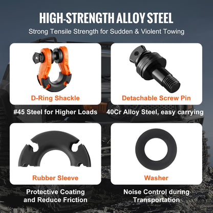 3/4" D-ringsschackel, 2-pack schacklar i legerat stål, 30 ton brottstyrka med 7/8" skruvstift, isolatorer och brickor, kraftig terrängbärgningsschackel för jeep, orange