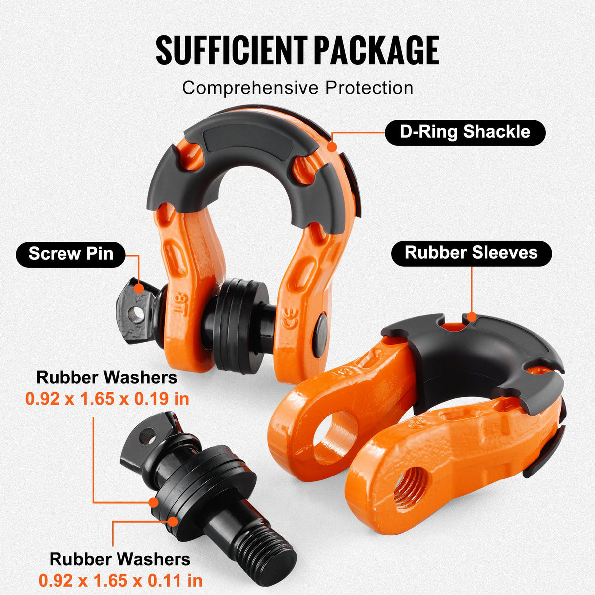 3/4" D-ringsschackel, 2-pack schacklar i legerat stål, 30 ton brottstyrka med 7/8" skruvstift, isolatorer och brickor, kraftig terrängbärgningsschackel för jeep, orange