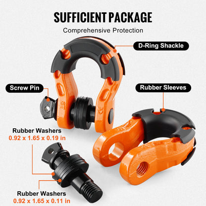 3/4" D-ringsschackel, 2-pack schacklar i legerat stål, 30 ton brottstyrka med 7/8" skruvstift, isolatorer och brickor, kraftig terrängbärgningsschackel för jeep, orange