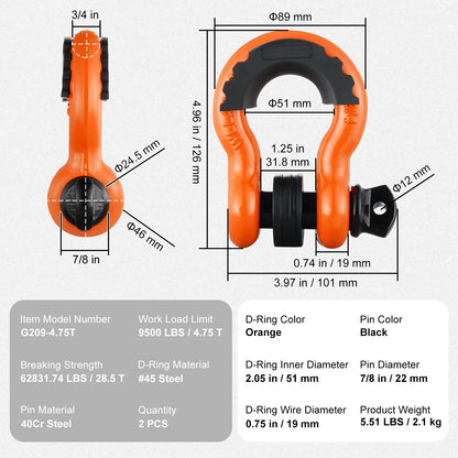 2-pack 19 mm D-ringsschackel med 22,2 mm skruvstift, 28,5 ton brottstyrka