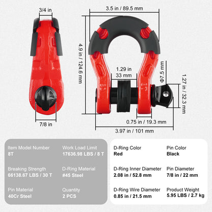 2-pack 19 mm D-ringsschackel med 22,2 mm skruvstift, 30 ton brottstyrka