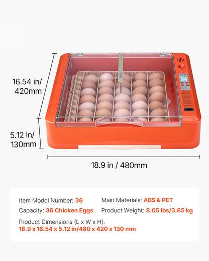 36 Egg Incubator, Automatic Egg Turner with LED Candler & Water Tray, Temperature & Humidity Control, 360° View Clear Window, Poultry Eggs Incubators for Hatching Chicks Ducks Goose Quails